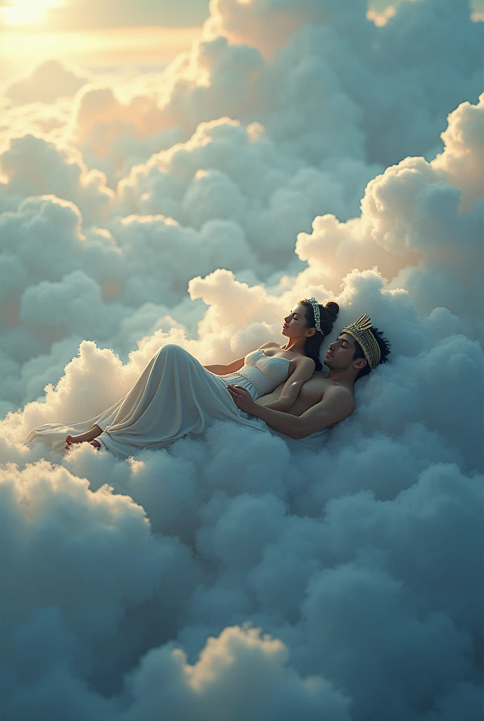 Create an image of a female goddess and a male Aztec god sleeping on a cloud, Seen from a little distance and from behind 