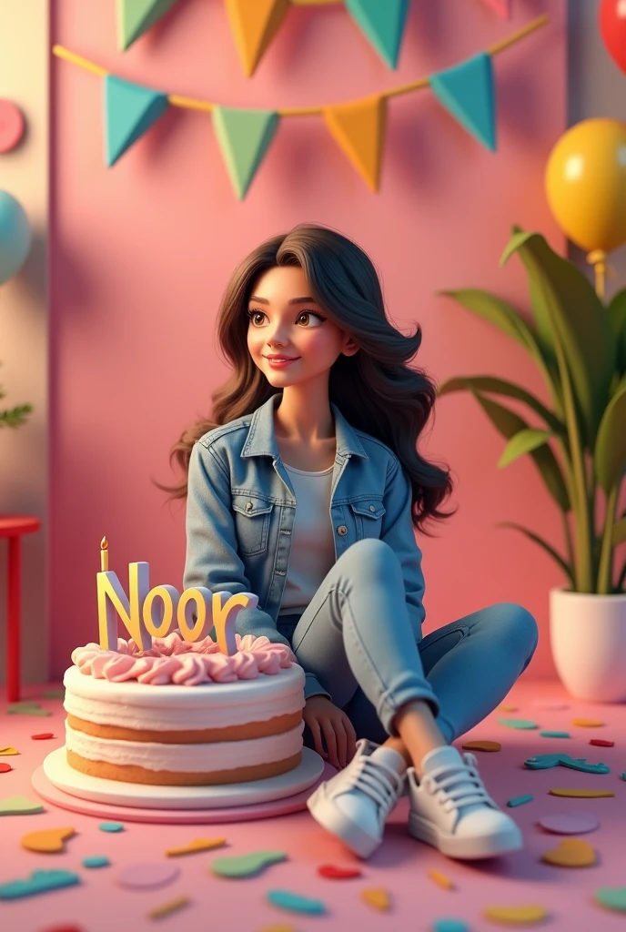 Birthday 🎂 3D AI Image कैसे बनाए...?? 
Image Promp - Like &  Love💕

3D illustration of a women
sitting casually on front of a cake. The character must wear casual moder clothing such as jeans jackets and sneakers shoes. The background of the image is a party theme. Write 'Noor' on the birthday cake. Make sure the text is not misspelled. His age is 25