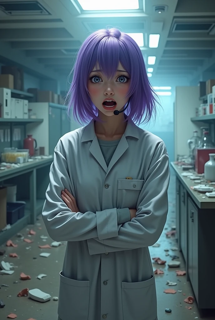 Purple hair butterfly woman in korean lab with scientist outfit with scared face scared face full body scared scared with fear realistic broken lab scene destroyed lab and she with headphone