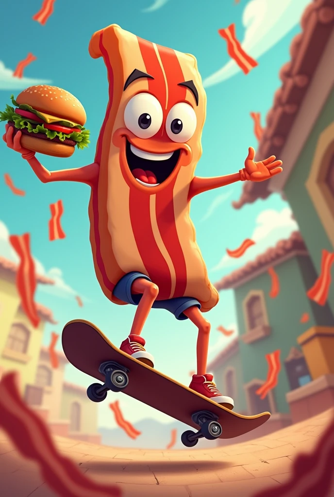 Happy Bacon Skateboarding, doing flip with burger in hand, in a rain of bacon