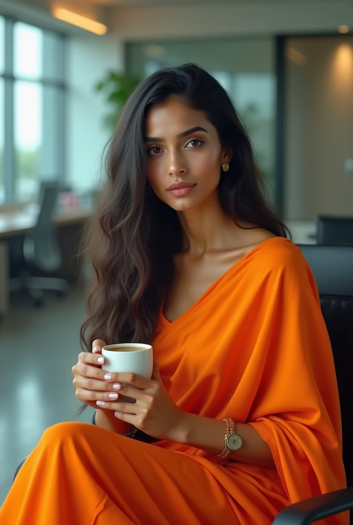 Beautiful Indian Girl, sari, (Best Quality, 8k, 32K, perfect body, ultra detailed body) Office, Cup of coffee, blurred background, orange clothes, SERIOUS LOOK, glass walls