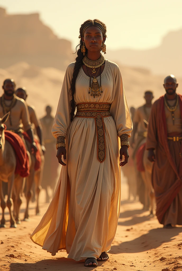 Create a realistic and detailed image of Queen Makeda, the Queen of Sheba, traveling with her grand caravan. The scene should depict a large caravan of camels and donkeys carrying goods, supplies, and gifts. The Queen is surrounded by royal guards, servants, and attendants. Musicians and entertainers are also part of the entourage, providing music and performances. Luxurious tents are set up at a rest stop, with rich fabrics and comfortable furnishings. The landscape should reflect the arid regions of ancient Ethiopian and Israel , with a backdrop of desert and distant towns, her outfit should white brownish cotton dress, her Bridesmaid along with her.