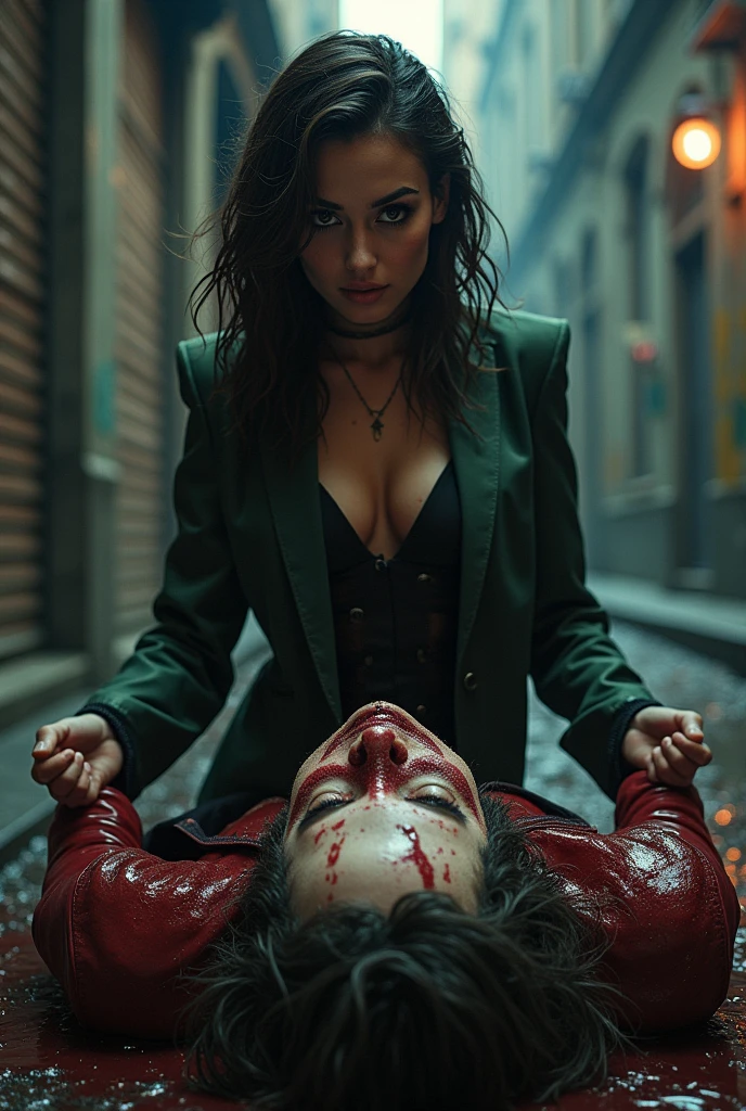 Realistic, A very beautiful executioner superheroine girl knife, cut throat A boy joker blindfold neck bloody splashed, full body, wide open throat, throat contents