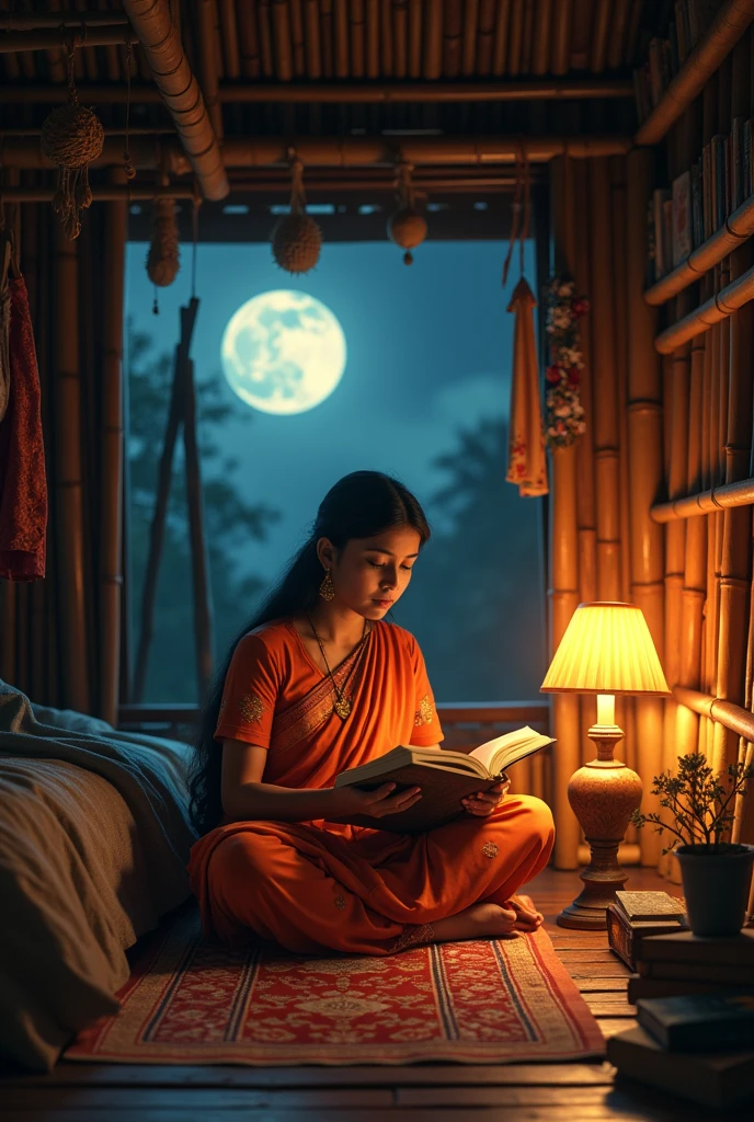 A bangladeshi adult girl reading in a hunt with a old traditional lamp.She wear bengali tradition dress.the room was made of bamboo.the room contain a window through this window moon can seen.there are some pictures in the wall of the room.the room also have a book self, a bed,a cloths hanker etc.