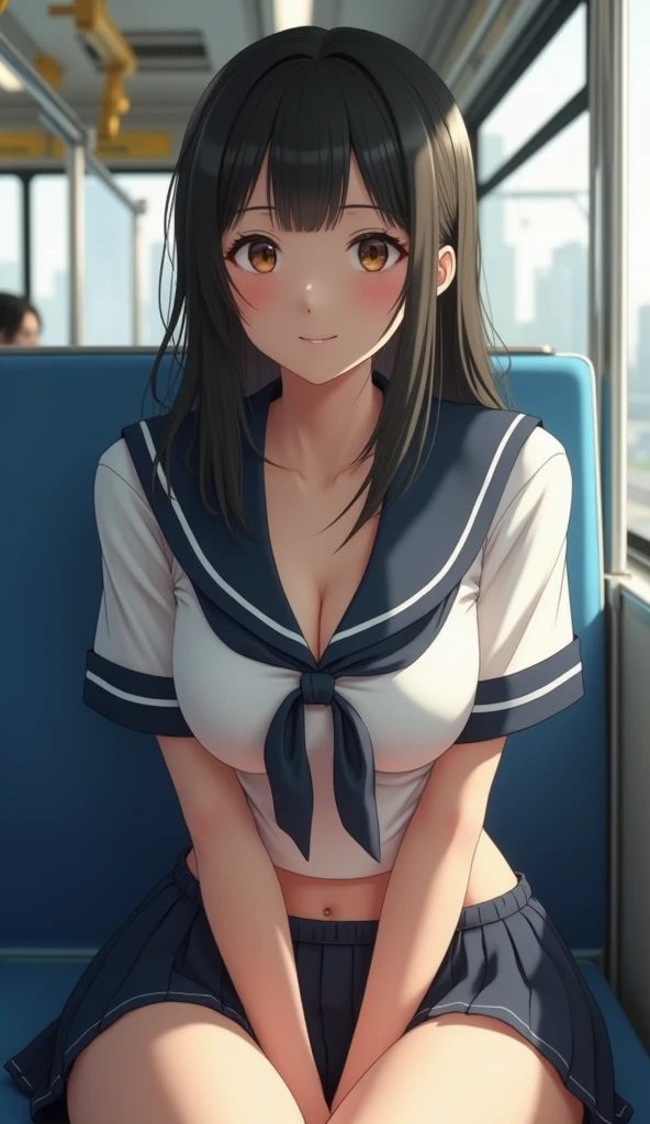 ((live-action)), Realistic, Realistic photo, 3D, Professional photography, Only one Japanese woman, JK wearing a sailor uniform, 1, semi-long+Black Hair+Straight Hair, ((A beautiful girl that everyone falls in love with)), Inside a train in the city, ((sitting directly opposite)), looking at the camera, Beautiful big breasts, (((Only the chest area of the sailor uniform is wide open))), (A deep cleavage is visible through the sailor suit), ((Her belly is hidden by her sailor uniform)), ((((Pulling up a skirt by yourself)))), ((((Her panties are visible through her rolled up skirt)))), (((Upskirt on the train))), ((((smile+Happy+blush:1.3)))), ((歯を見せてsmile)), Detailed face and body, High resolution, (Highest quality,8k,High resolution,masterpiece:1.2), Very detailed, (Realistic,photoRealistic,photo-Realistic:1.4), Realistic skin texture, Beautiful eyes and lips, Beautifully detailed face, Natural Eyes, Natural Eyelashes, Natural eyebrows, Smooth Skin, Natural body shape, Slender body, Photorealism, super high quality, Very detailedな, 16K, Perfect detail, Perfect Anatomy, Natural Shading, Natural contrast, A perfect depiction of the human limbs, (Full body photo), The whole body faces the camera, (((Photographed from the opposite seat, capturing the entire body))), Realistic, Photorealism, hyper quality, highly detailed, (full body), 16K