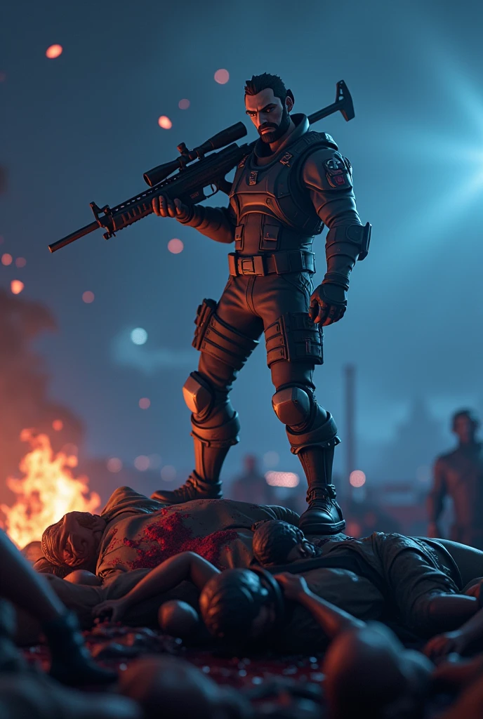 Generate an image of a fortnite player, with a sniper in hand, with a kill count of 21, the night, he is under a pile of bodies
