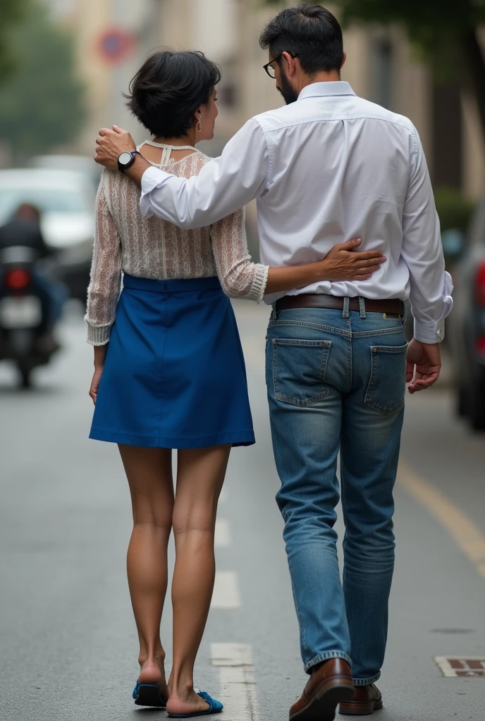 70 years old women, blue short dress, thin legs, open dekolte, white seethrough shirt, visible nipples, pixia cut hairstyle, black haircolor, five fingers on both hands, on the street, with a male, bra less, male grab her ass