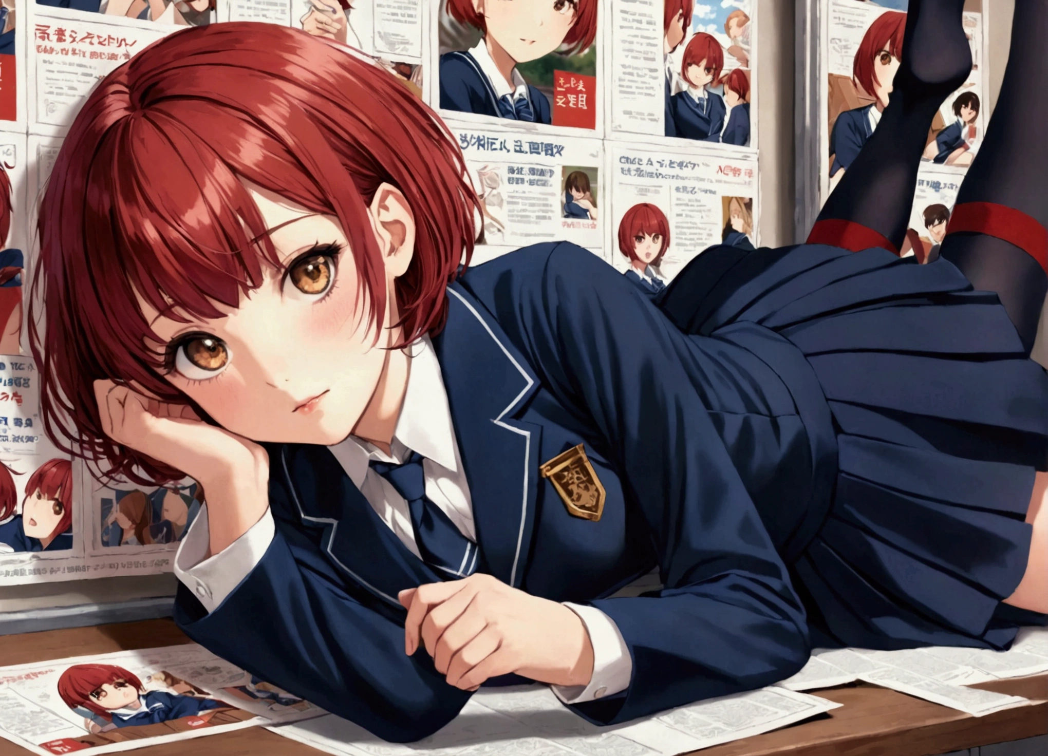 Girl with short red hair and brown eyes lying on a poster in a dark blue school uniform and long stockings