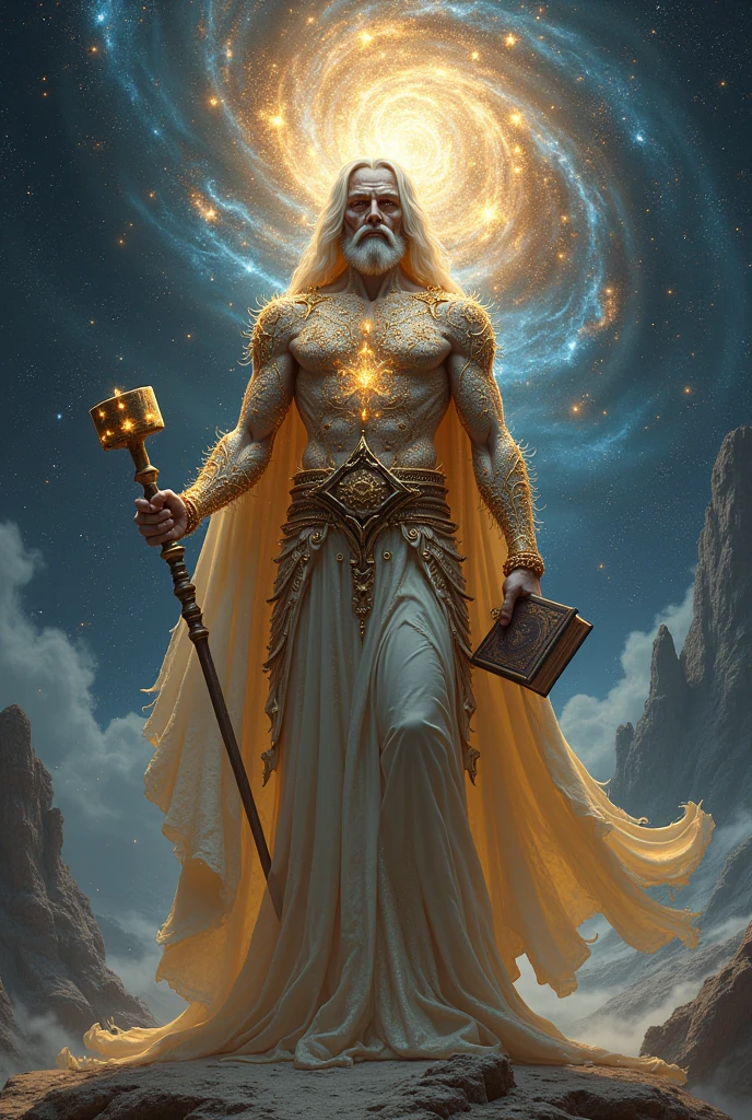 A Cosmic god with its body covered in stars wearing a robe and holding a mallet in one hand and a book in the other