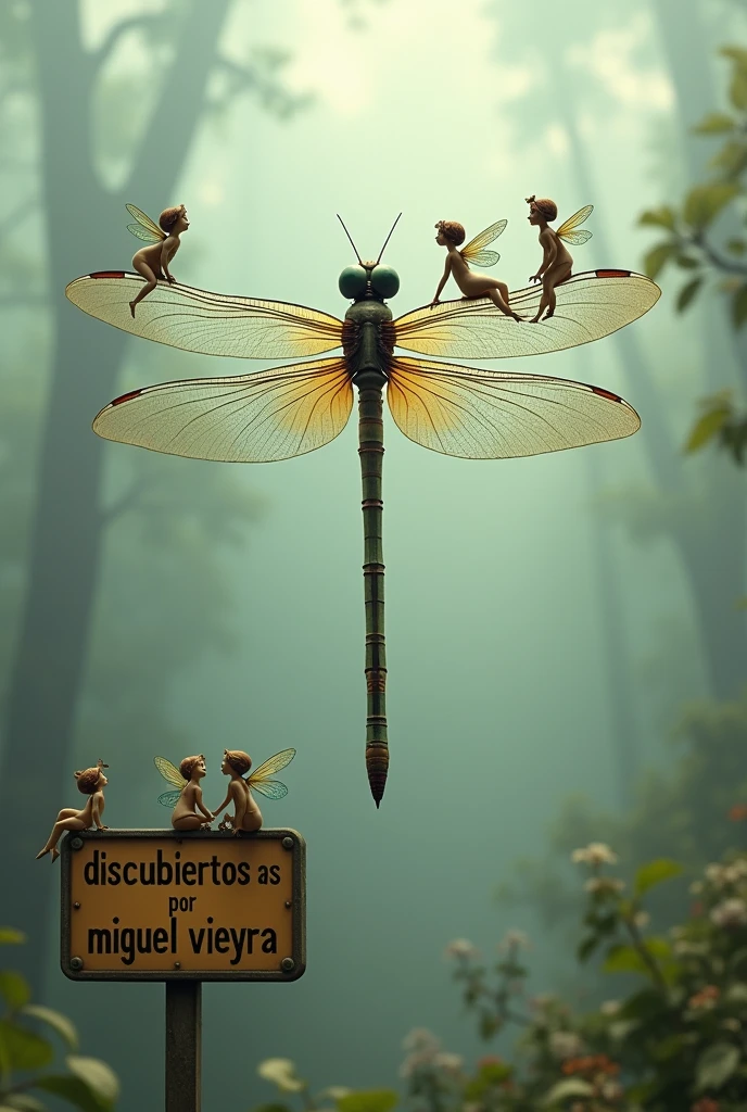 (photorealism:1.2), A dragon fly on an empty air space with a long tail and on the tail sitting 4 small faeries on a line up on the dragon fly tail, the dragon fly and the faeries must occupy most of the picture and the picture must be with an air background and distorted and on the bottom a sign saying "Descubiertos por Miguel Vieyra"