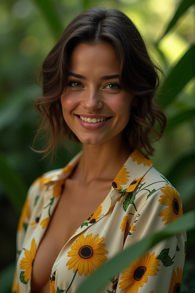 A Brazilian woman in a lush tropical garden, wearing an open shirt with a floral print, with a close-up capturing the harmonious beauty between her breasts and the natural flowers, showing off your natural charm and outgoing personality.