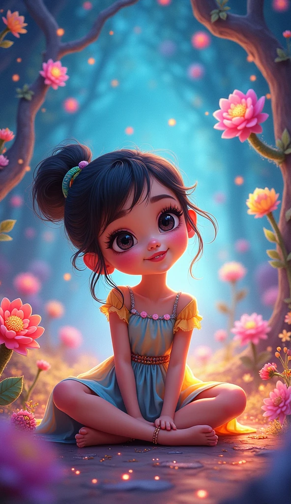 A vibrant, whimsical drawing of a young girl, Lola, as she creates a magical world full of color around her, (best quality,4k,8k,highres,masterpiece:1.2),ultra-detailed,(realistic,photorealistic,photo-realistic:1.37),1girl, beautiful detailed eyes, beautiful detailed lips, extremely detailed eyes and face, long eyelashes, colorful dress, sitting on the floor, surrounded by vibrant colors, fantastical creatures, floating flowers, swirling patterns, dynamic composition, cinematic lighting, glowing, dreamlike, enchanting, imaginative, enchanting, whimsical, vibrant colors, pastel colors