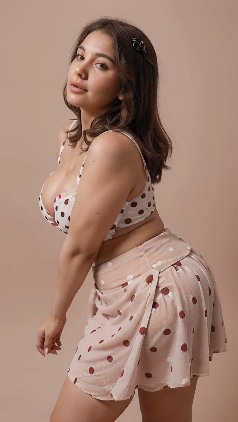  milf,big round ,curvy hourglass body,((Wearing Indian polka dot rose top with skirt exposing cleavage)),((in a simple colour background photoshoot)),highly ultra realistic photo 