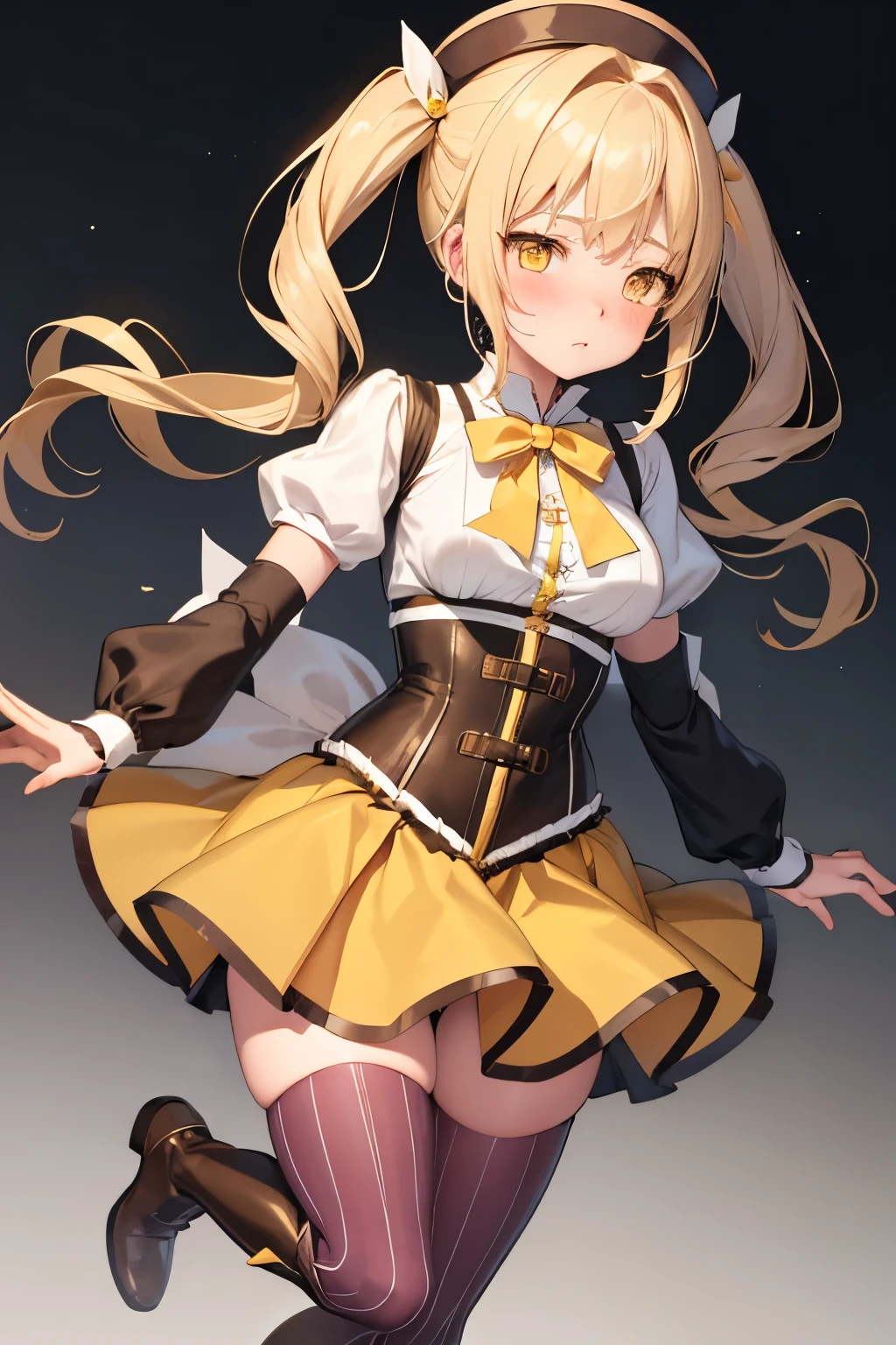 (Highest quality:1.2),  alone, One woman, Tomomi, blonde hair, drill hair, twin drills, (yellow eyes:1.3)、(blush:1.1), Embarrassing, 
boots, brown footwear, brown gloves, corset, detached sleeves, fingerless gloves, gloves, hat, juliet sleeves, knee boots, long sleeves, magical girl, puffy sleeves, skirt, striped, striped thighhighs, thighhighs, thighs, vertical stripes, vertical-striped thighhighs, yellow skirt