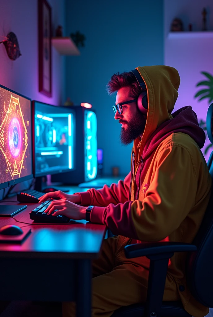 Brazilian wizard playing Valorant on the gamer computer with RGB and headphones, showing the computer is a gamer room