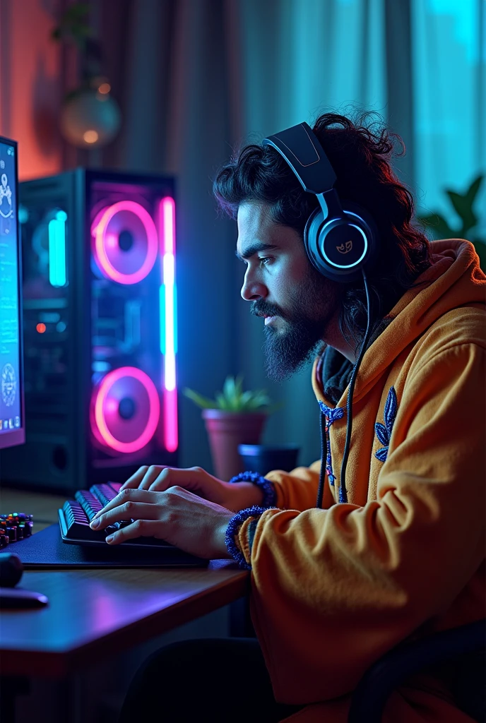 Brazilian wizard playing Valorant on the gamer computer with RGB and headphones, showing the computer is a gamer room