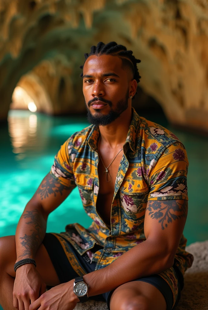sitting profile White Muslim gangster man with white skin thick lips athletic body masculine energy and sexy defined chin trimmed faded beard short shaved hair on the sides with fade and braids on the sides colorful tattoo, wears a set (add color) with white flower print, open button-down shirt and shorts. In the background, hundreds of cave-like cenotes with yellow lighting and crystal-clear water, poor light