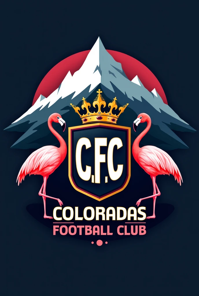 As a football logo with a crown, a white mountain and some flamingos and some initials C , FC and below it says Coloradas FC