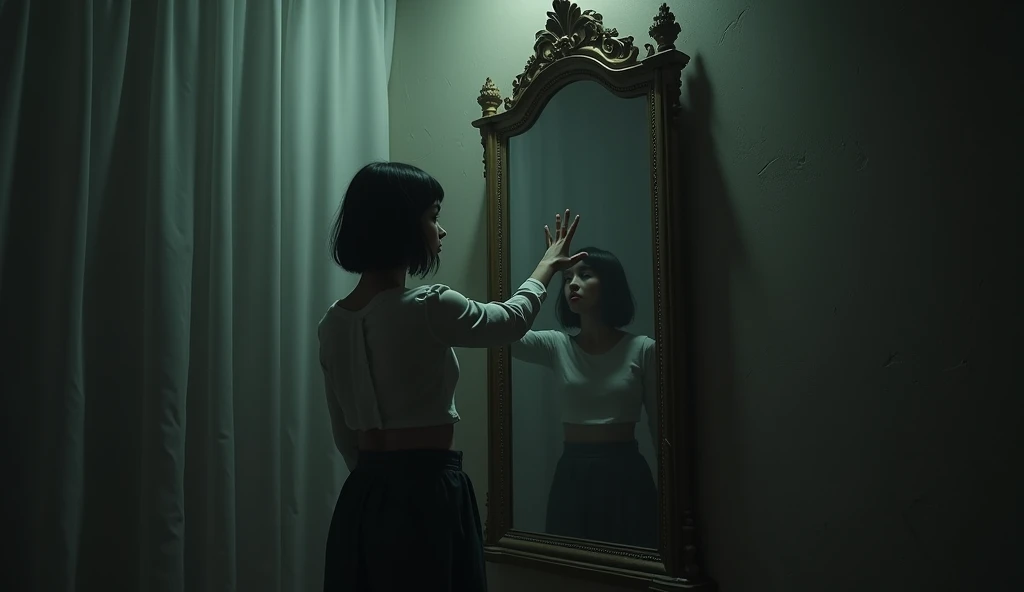 Prompt 3: in a dimly lit room, a  girl looks at her reflection in the mirror. As she reaches out to touch the mirror, your reflection disappears, symbolizing the feeling of losing a significant part of oneself.