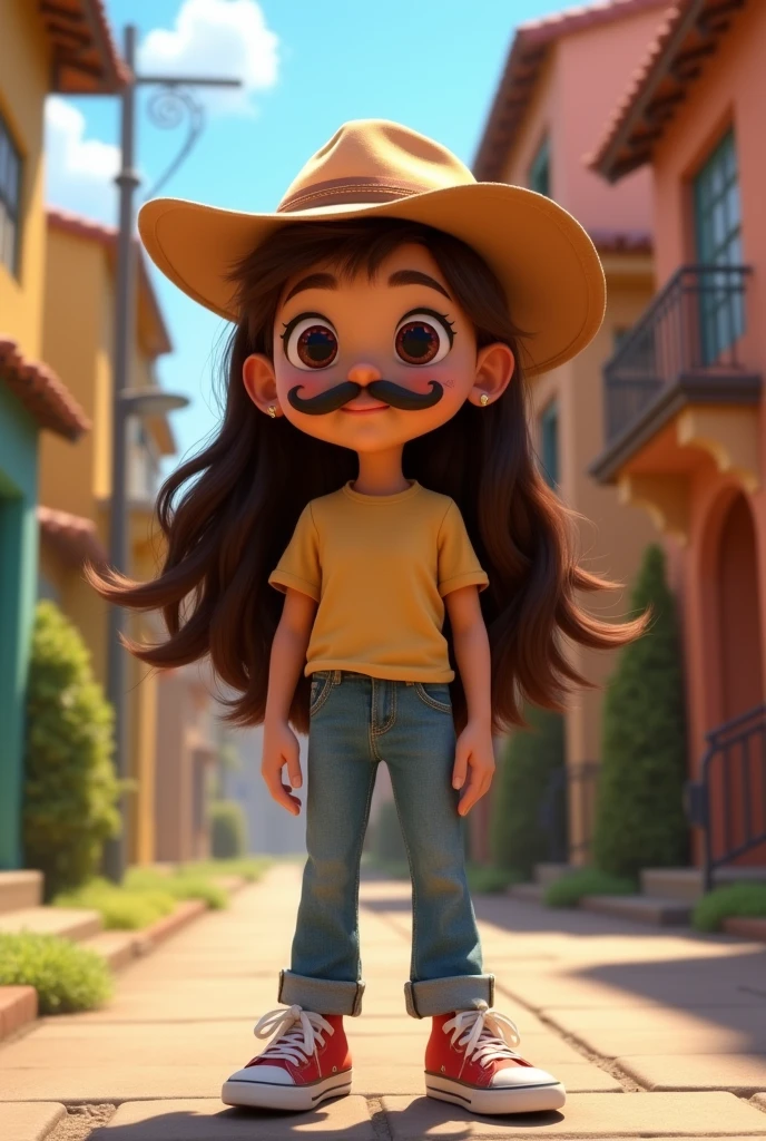 Disney Pixar image of a girl with long, loose brown hair ,dark with dark brown eyes with his Don Ramón style mustache and his hat , with her blouse , Jens and tennis around her is the neighborhood
