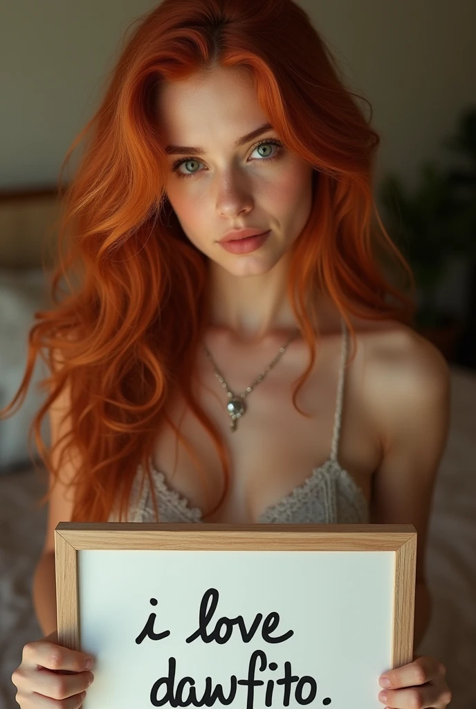 Beautiful girl nude with wavy long red hair, bohemian BODDY, holding a white board with text "I Love DAWFITO" and showing it to the viewer and your legs open for me SHOW your boobs