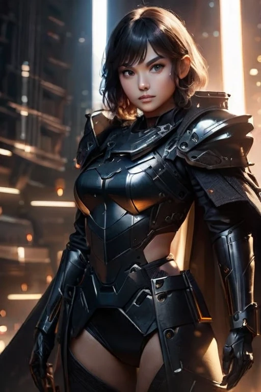 masterpiece, ultra-realistic, photorealistic, beautiful young woman, fair skin, almond-shaped eyes, smooth black hair, sleek futuristic black and blue armored outfit, high-tech shoulder pads, black gloves, black thigh-high boots, tight black shorts, long black cape, modern tactical design, metallic details, strong confident stance, indoor setting, minimalistic bright background, cinematic lighting, full-body view, high resolution`