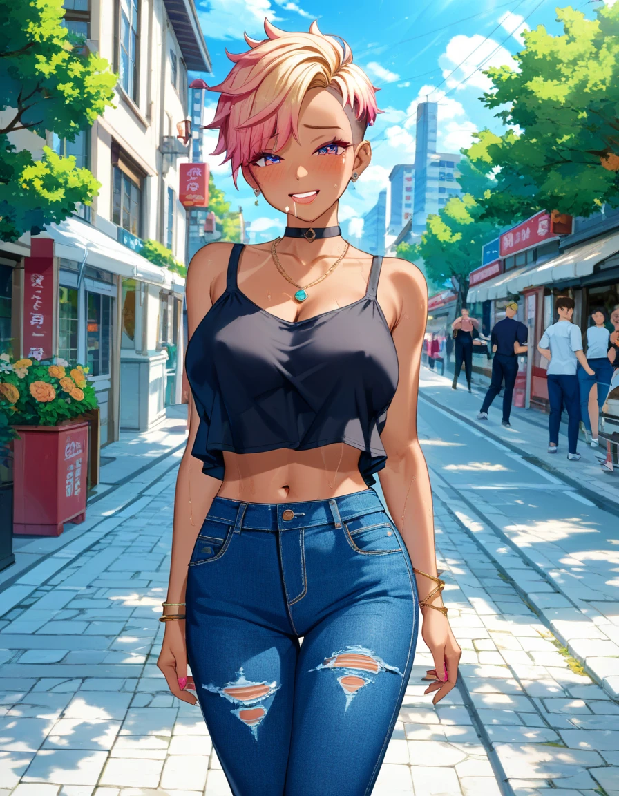 (Highest quality, 4K, 8k, High Resolution masterpiece:1.2), Very detailed, Picturesque, Anime-style photos, Photo Animation:1.37)、a beautiful girl、(Brunette Hair)、(pixie cut)、gyaru、tan、crowd、Street Corner、Ecstasy face、trembling、Sweat、Drooling、crying、vapor、Black choker、pierce、necklace、bracelet、