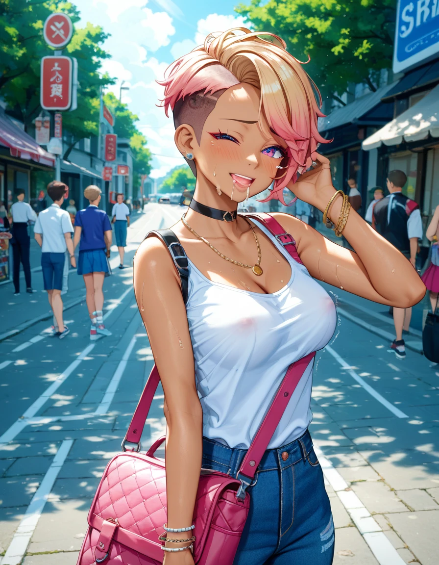 (Highest quality, 4K, 8k, High Resolution masterpiece:1.2), Very detailed, Picturesque, Anime-style photos, Photo Animation:1.37)、a beautiful girl、(Brunette Hair)、(pixie cut)、gyaru、tan、crowd、Street Corner、Ecstasy face、trembling、Sweat、Drooling、crying、vapor、Black choker、pierce、necklace、bracelet、