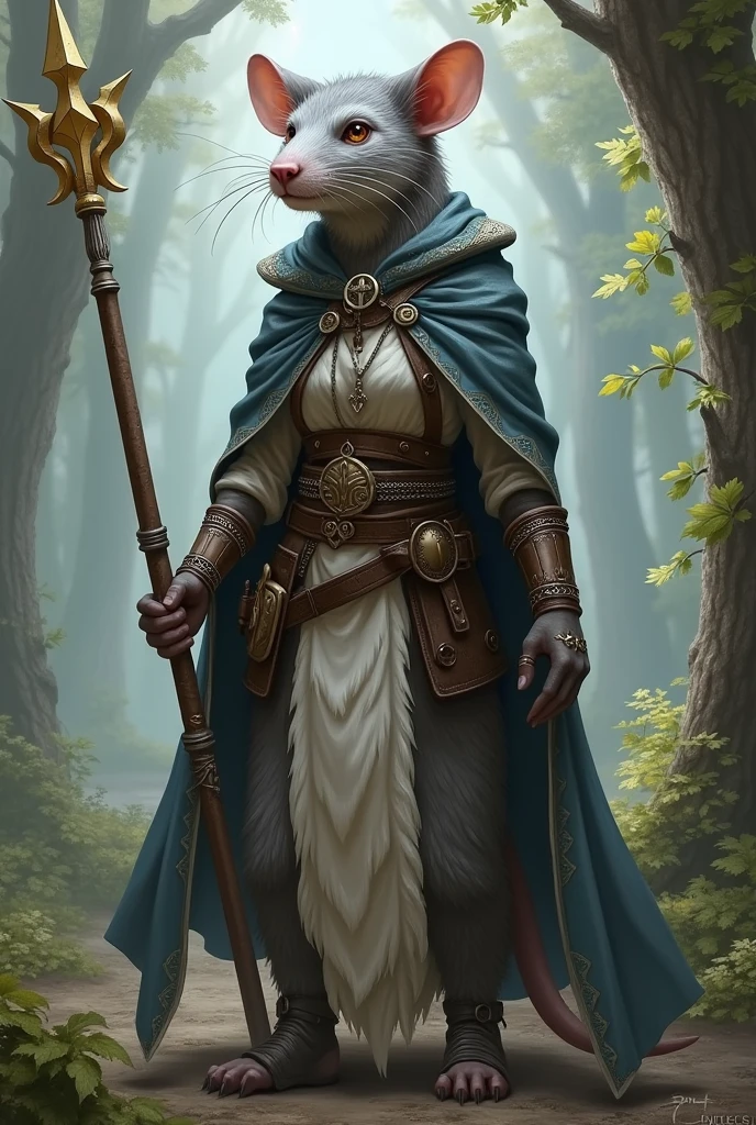 Une Ratfolk femelle avec le poile gris et blanc dans le style de Pathfinder de la classe des prêtres avec pour divinité Desna avec une côte de maille légère et du cuir et sans cape