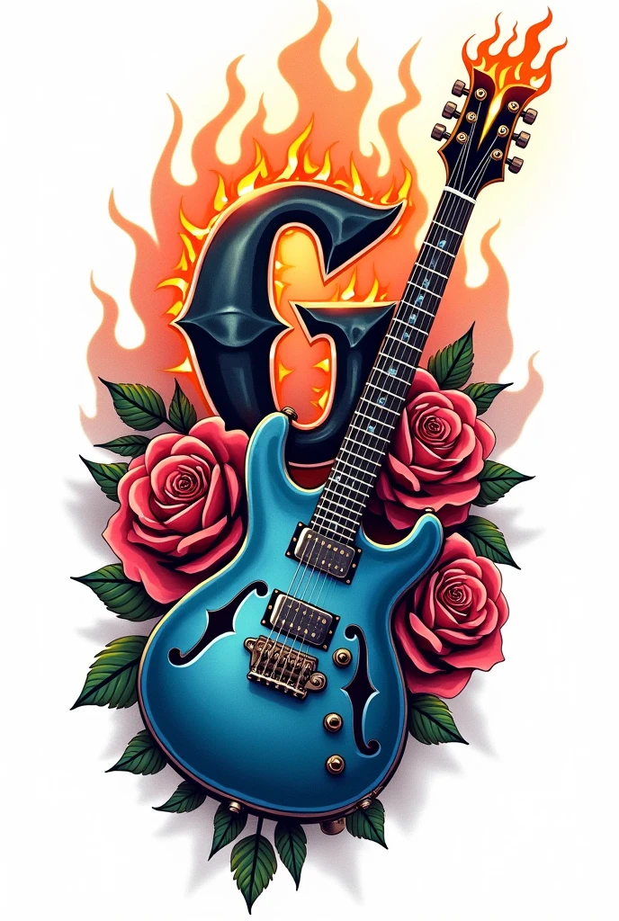 guns and roses style tattoo, multicolored, with the letter "G" highlighted. Heave Metal theme, with a flaming blue guitar. Totally white image background