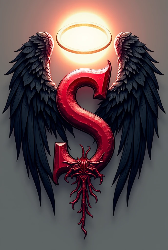 A logo called angel's shop, the black S style venom and carnage, so that the S connects the 2 words, as well as next to the S well detailed black angel wings with a shiny halo above, also with a white aura behind