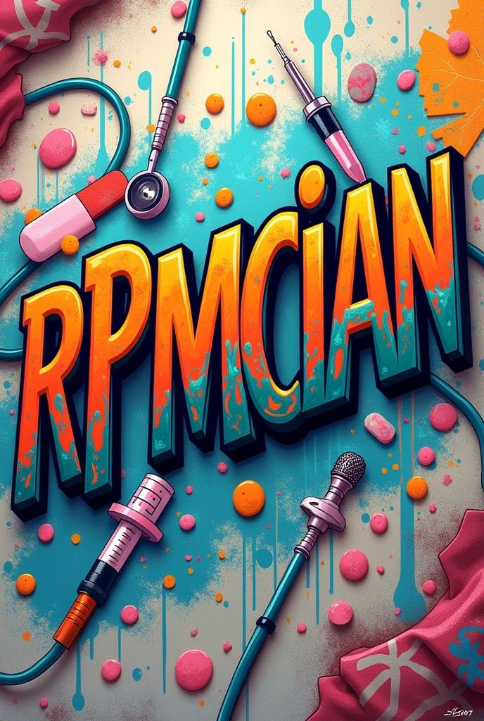 (photorealism:1.2), text creative design, text is 'RpMCian', text in same capital and small letter shape, Creative font, doctors sign in the background, text image in cartoon style, graffiti, text background in abstract medical oriented graffiti