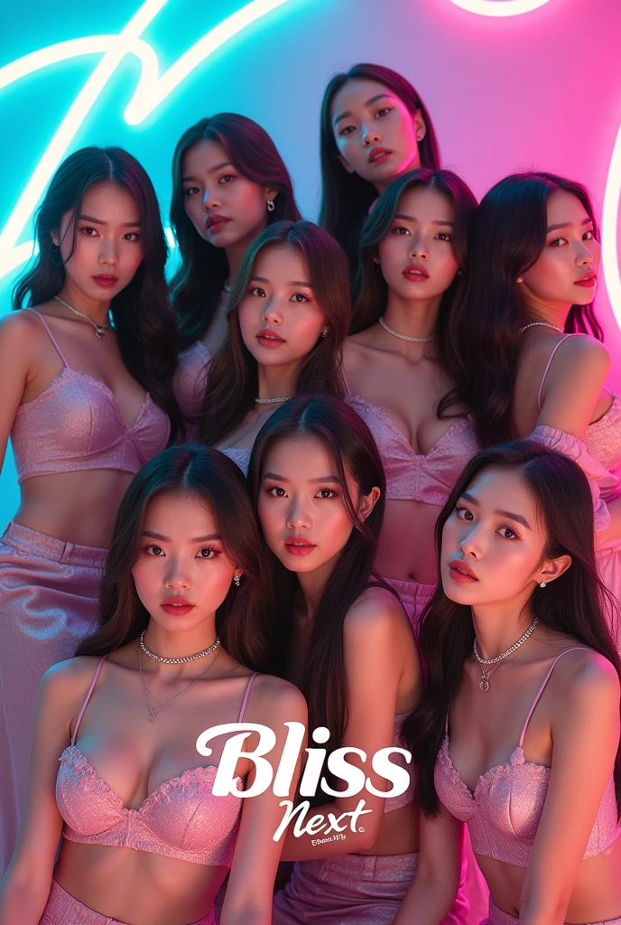 Give me group name "Bliss" The one, The company is "Souudy Entertainment" The one, The album name is "no next" The one bir albüm kapağı oluştur. A girl kpop group and the group consists of 8 people. Album "it girl" be in the concept. The font is nice, Get a font that can handle it. 