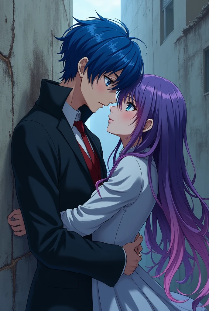 A handsome  boy anime vampire pinning a girl to the war . The vampire boy has blue hair and blue eyes . The girl on the war has very long purple hair mixed with glittery pink hair . The girl has blue eyes 