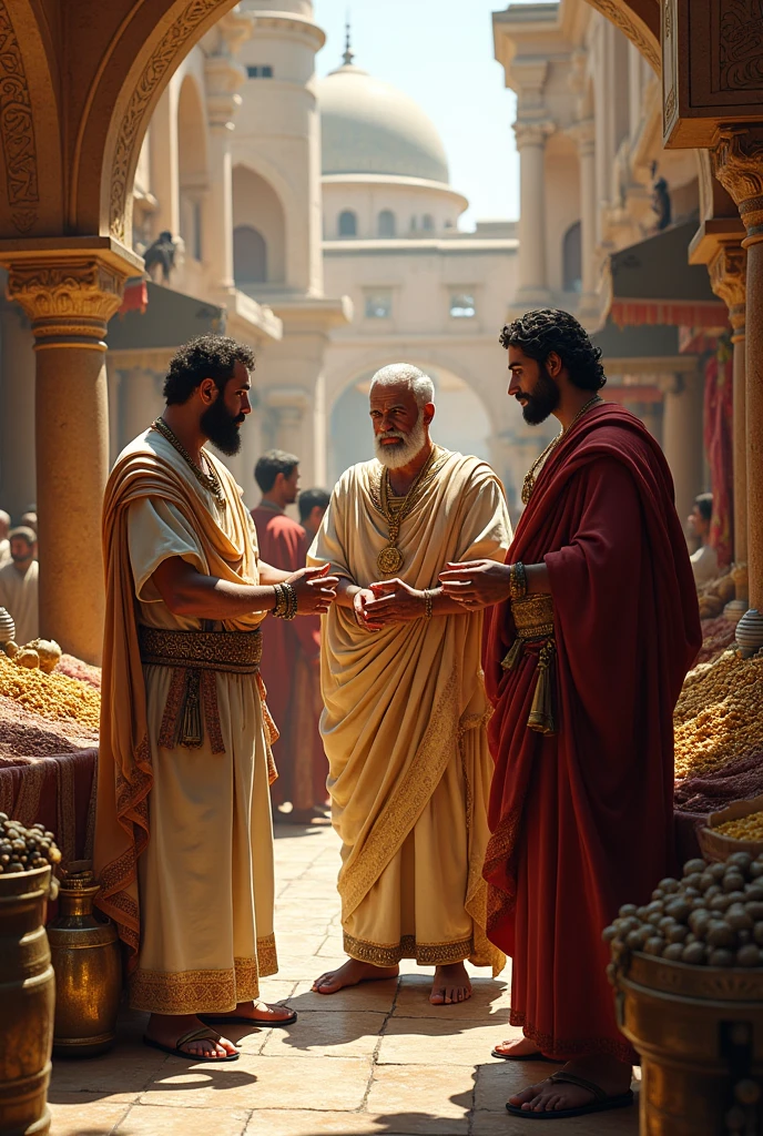 An image where three men, one of Phoenician origin, another of Greek origin and another of Roman origin, are exchanging gold and spices in a market.