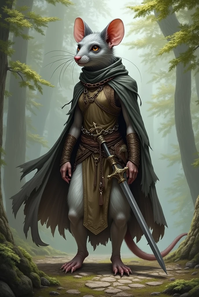 Une Ratfolk femelle avec le poile gris et blanc dans le style de Pathfinder de la classe des prêtres avec pour divinité Desna avec une côte de maille légère et du cuir et sans cape