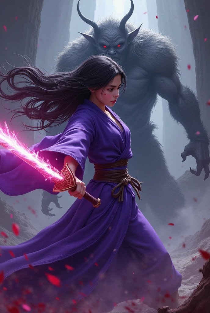 Girl wearing violet robes slashed out her sword. The sword ray flashed as it killed a dark goblin. However, the girl trembled as she coughed out a mouthful of blood.
With her long hair flowing like a dark river, her entire body emanated a heroic aura. She looked like a proud female martial artist with the sword in her hands, which glowed with a sharp aura.