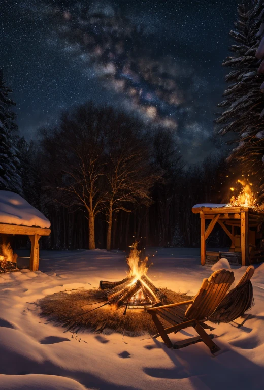 (best quality, detailed facial features,4k, 8k, high resolution, masterpiece: 1.4) hairy , lying in the snow without a shirt, starry night sky, a bonfire with firewood, long beard