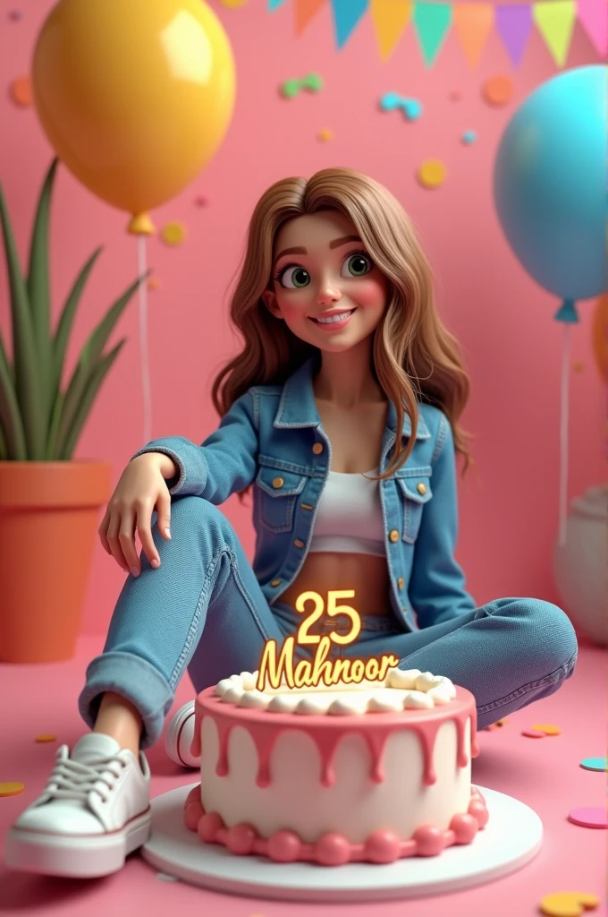 Birthday 🎂 3D AI Image कैसे बनाए...?? 
Image Promp - Like &  Love💕

3D illustration of a women
sitting casually on front of a cake. The character must wear casual moder clothing such as jeans jackets and sneakers shoes. The background of the image is a party theme. Write 'MAHNOOR' on the birthday cake. Make sure the text is not misspelled. His age is 25