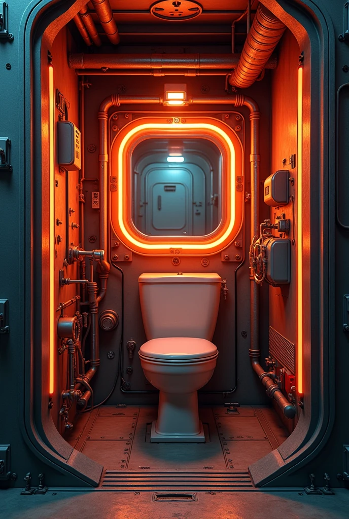 industrial futuristic bathroom neon lights, small room heavy duty room, futuristic, pipes, enclosed, orange neon lights, small bathtub,