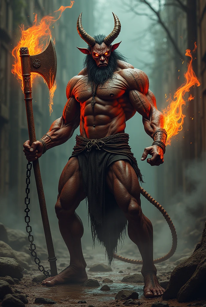 The Sri Lankan devilis standing holding an ax with fire on both sides in his left hand and an iron chain attached to the ax in his right hand.  His body is strong and muscular development has developed.