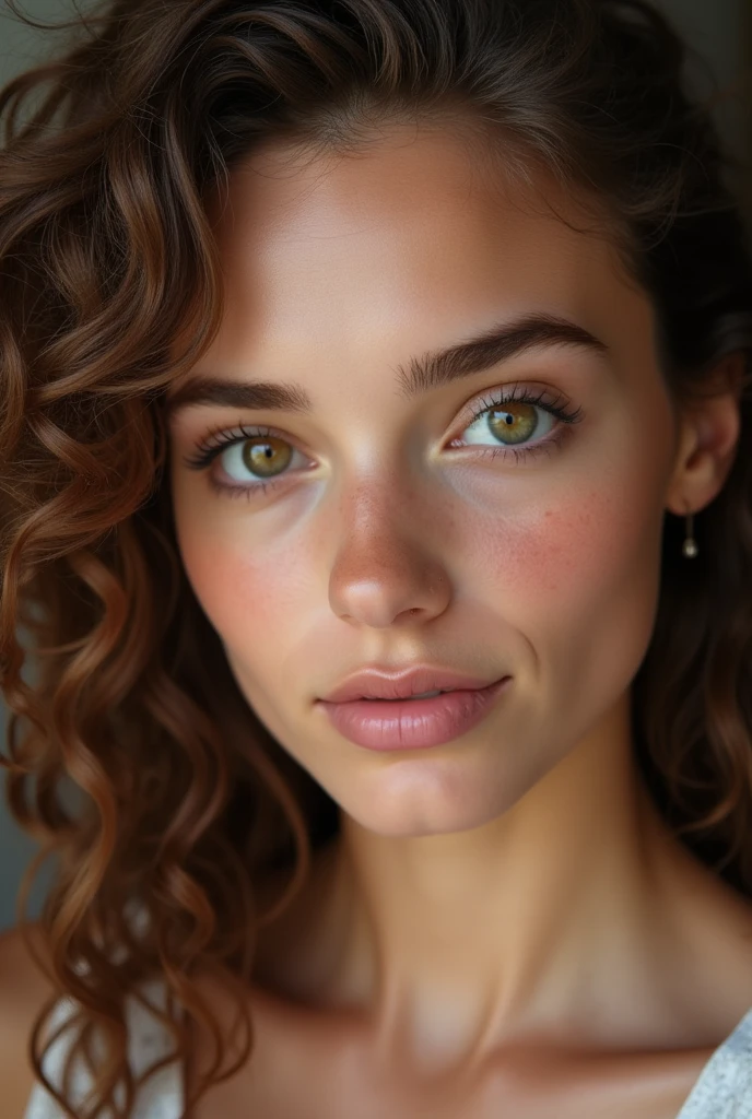 close-up of a beautiful female face, gorgeous eyes, intricate, cleavage, soft lips, smiling, naughty, seductive glance, freckles, crown, jewelry