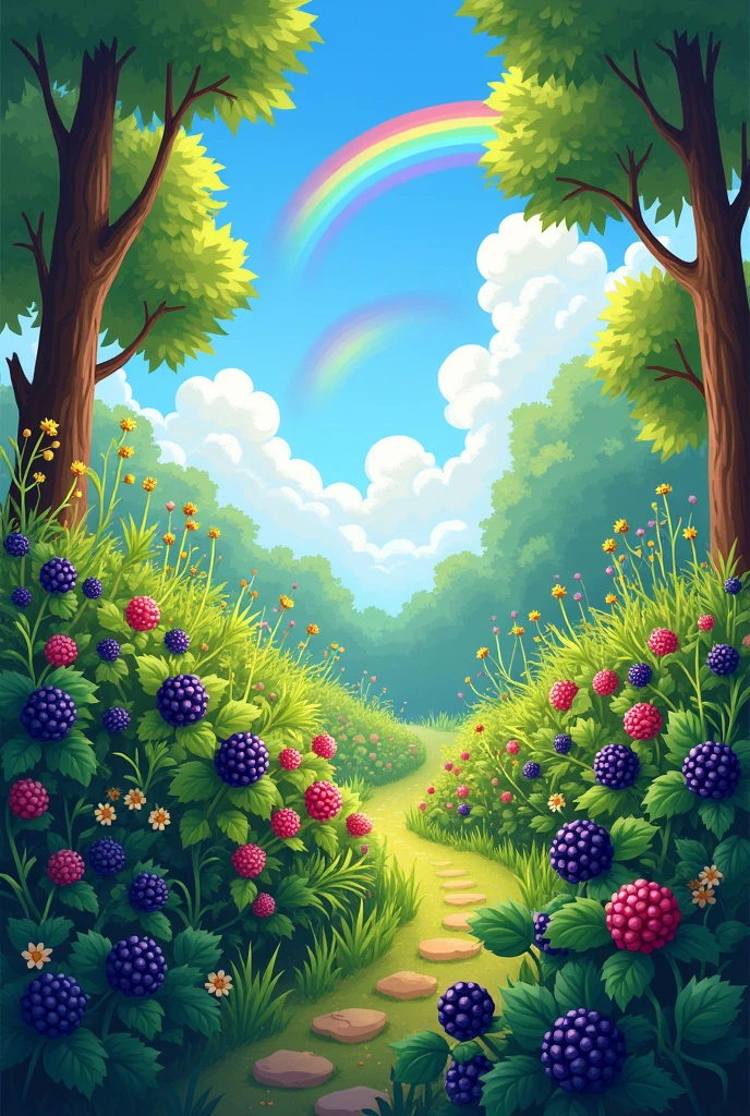 A garden of blackberries, with trees, blue sky, rainbow, very playful , seen in the foreground and from the front, image size 20x20 cm