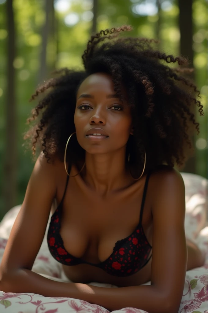 ((best quality)), ((masterpiece)), (detailed), perfect face, African model woman, bed in a forest, bold pose, wind movement, black lingerie with red floral print, close angle