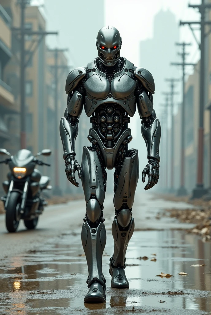 Terminator Schweitzneger walks with a determined gait along the wide avenue,he has clothes made of steel, Jacket, trousers, on the head is a steel helmet,gloves, his super-motorcycle stands to the side,fantasy, 3D