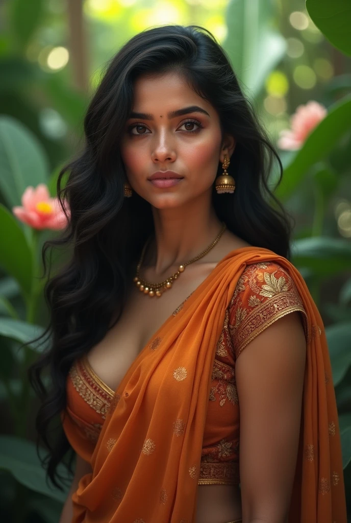 (((full body shot))), (full body, best quality,4k,8k,highres,masterpiece), (ultra-detailed, realistic,photorealistic,photo-realistic:1.37), ((beautiful face, cute face mesh, pretty face mesh, sharpen, detailed face, detailed eyes, detailed lips,)), (fair skin), (realistic textures:1.3), detailed skin texture, cinematic shot, atmospheric lighting, Photorealistic, Hyperrealistic, Hyperdetailed, detailed saturated skin, soft lighting, subsurface scattering, centre composition, 8k, golden ratio, Intricate, award winning photography, soft focus, dynamic abstract background, 20 years old, (beautiful Indian babe:1.1), realistic full body beautiful indian woman in a bed of flowers in saree, yellow with black flowers on it (((perky breasts, cleavage,)))