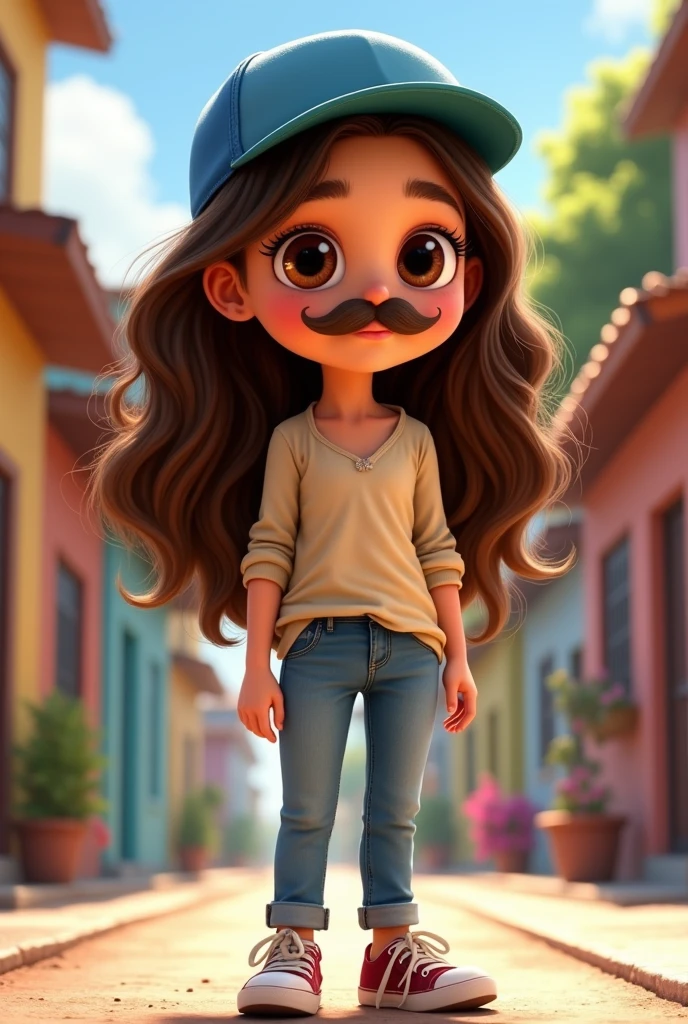 Disney Pixar image of a girl with long, wavy, loose brown hair ,dark with dark brown eyes with his Don Ramón style mustache and his blue cap , with her blouse , Jens and tennis around her is the neighborhood