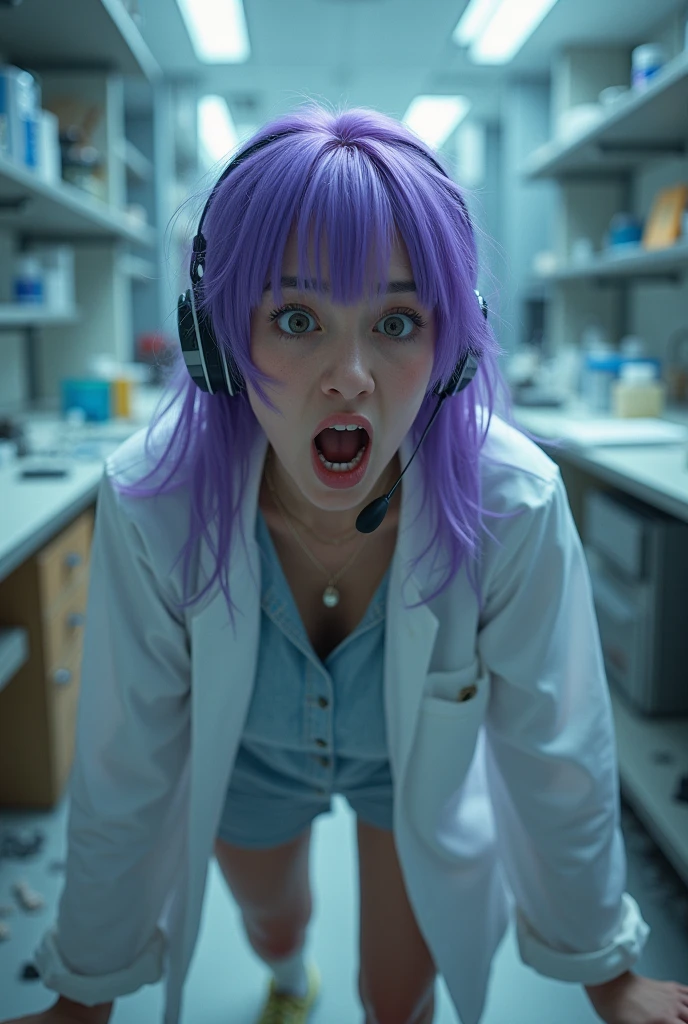 Purple hair butterfly woman in korean lab with scientist outfit with scared face scared face full body scared scared with fear realistic broken lab scene destroyed lab and she with headphone she scared 