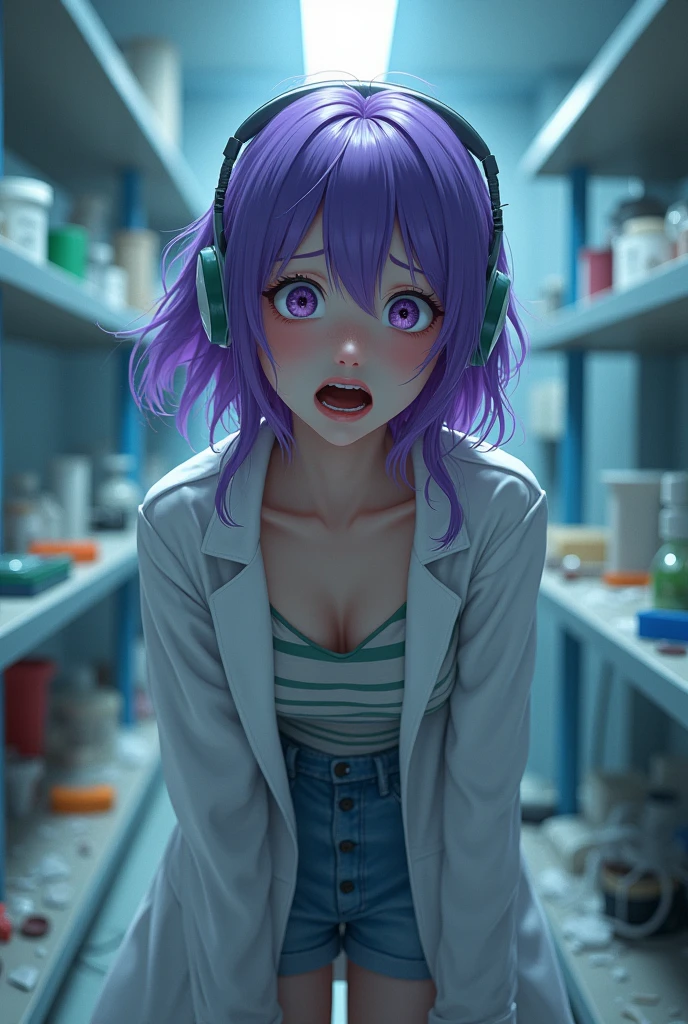 Purple hair butterfly woman in korean lab with scientist outfit with scared face scared face full body scared scared with fear realistic broken lab scene destroyed lab and she with headphone she scared