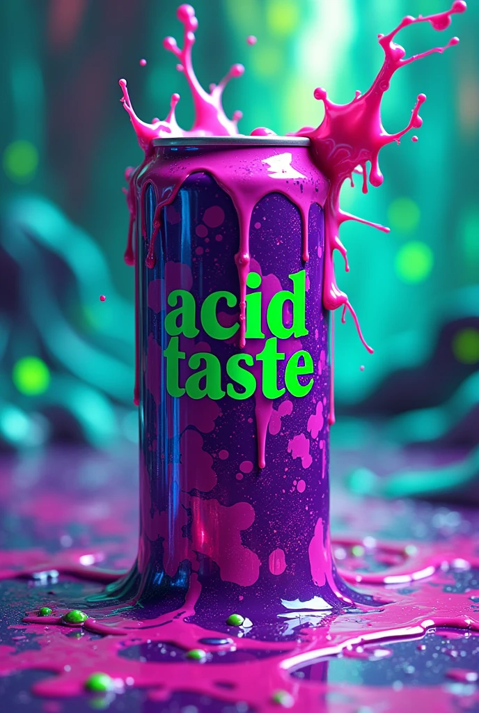 Psychedelic artwork dripping from a purple energy drink can that says Acid Taste, written in green with the background running in cyan green and pink colors